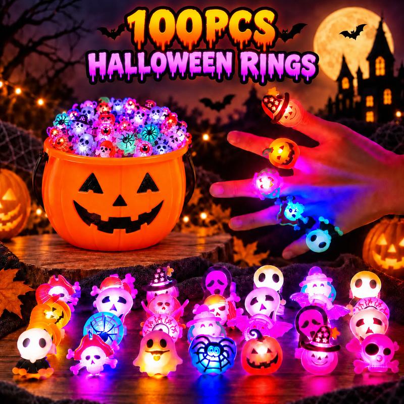 50pcs Glow Flashing LED Halloween Rings with LED Lights, Child Festive Party Favors, Halloween Goody Bag Basket Stuffers Fillers